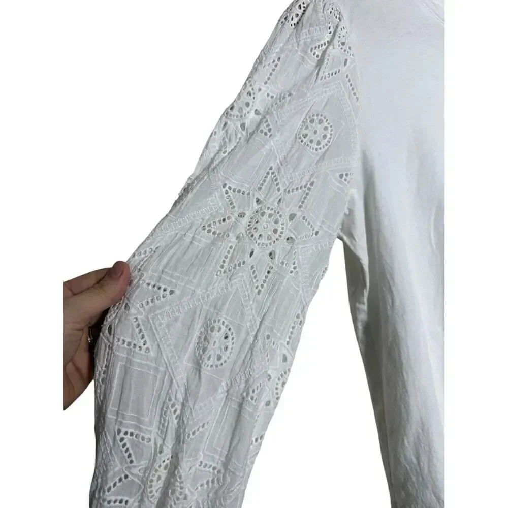 Johnny Was Jade Nora Easy Tee – Puff Sleeve Eyelet Cotton Top, Women’s Size M